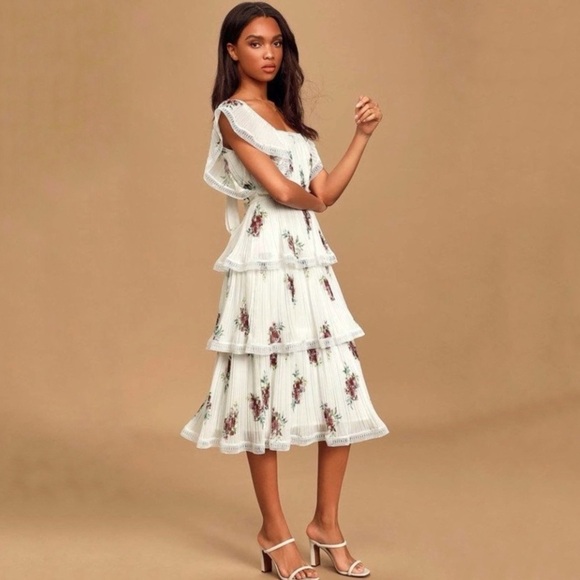 Lulus Thriving Romance White Floral Tiered Plisse Pleat Lace Trim Midi Dress XS - Picture 2 of 14